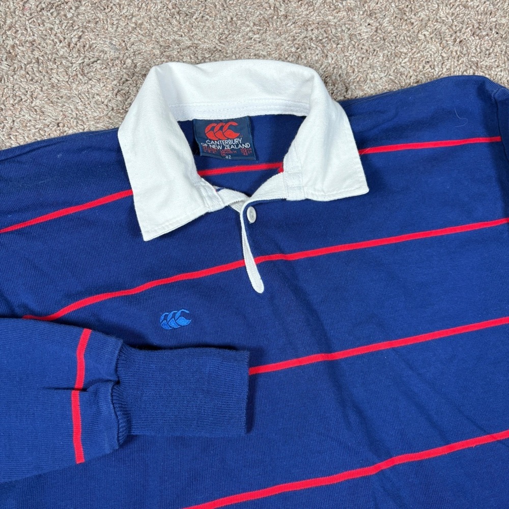 Canterbury of New Zealand Mens Blue Red Striped Rugby Shirt Size L 42 Vintage
